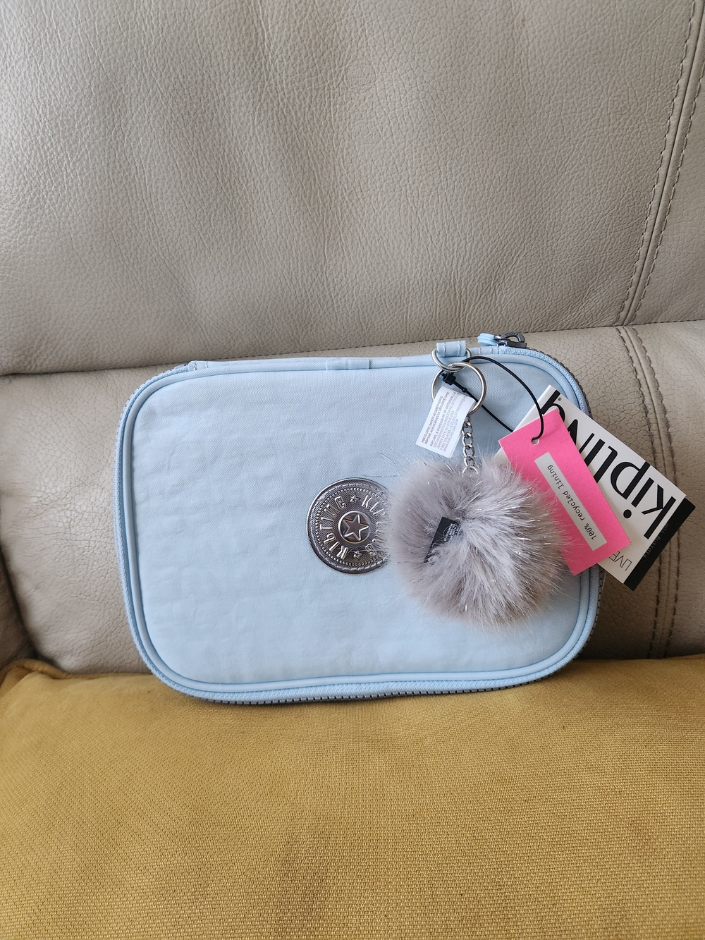 Kipling Light Blue Cosmetic Pouch with Pom Pom Charm